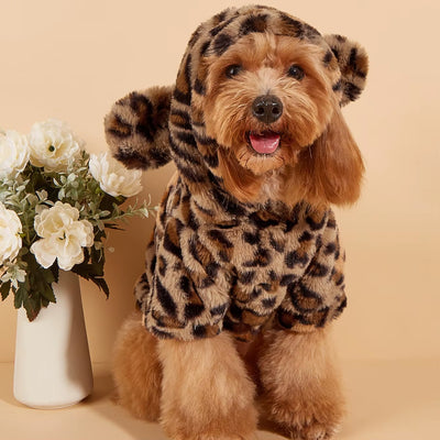 Pet Hoodie for Small & Medium Dogs, Leopard Dog Hoodie with Ears, Plush Dog Clothes, Pet Apparel