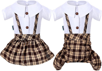 2 Pieces Dog Formal Suits Pet Clothes Dog Shirts Stylish Plaid Dog Jumpsuit Dog Plaid Dress Adorable Pet Outfit for Puppy Cat (Medium)