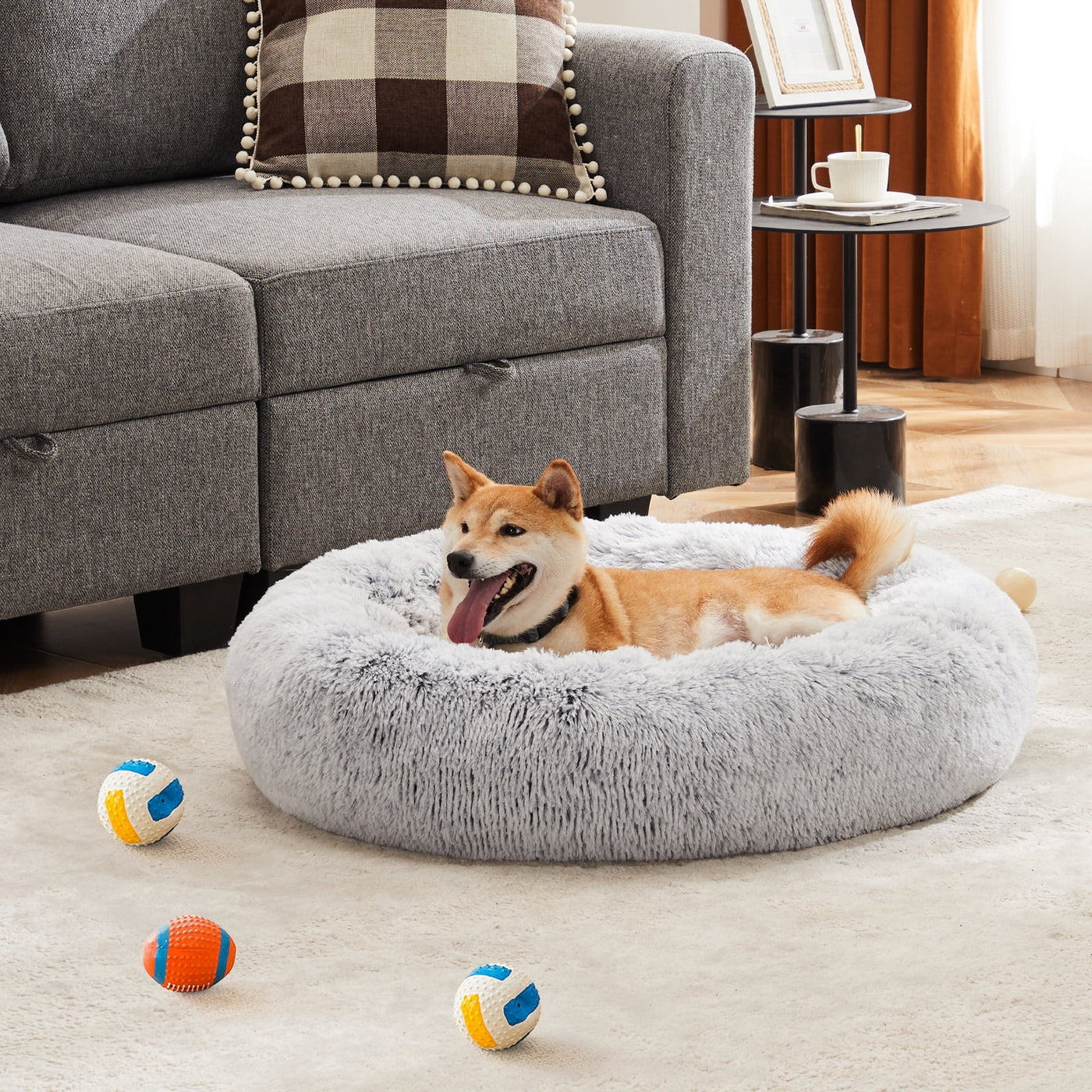 Calming 20” Donut Dog Bed for Small Dogs/Cats, Soft Warm Cozy Plush round Fluffy, Machine Washable, Gray