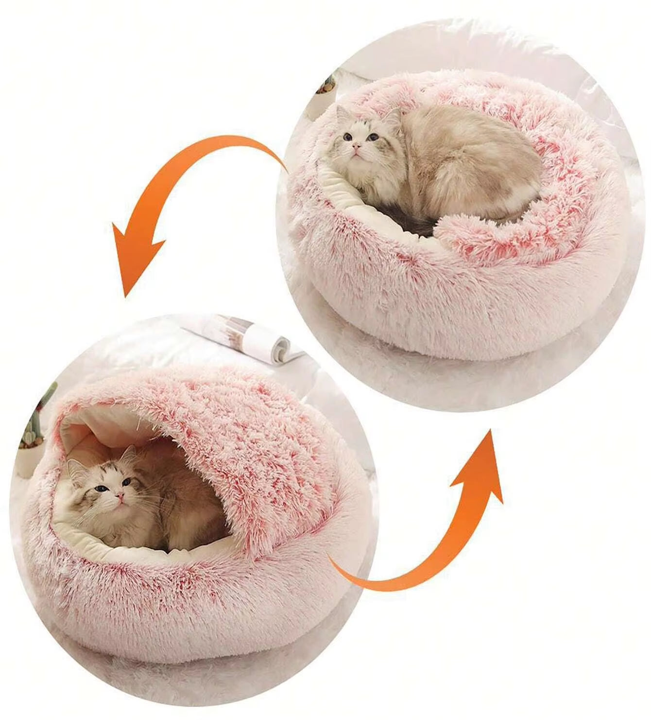 Plush Hooded Pet Bed round Fluffy Soft Cat Bed Pet Cushion Warm Cat Dog 2 in 1 Sleeping Nest Cave for Small Dogs