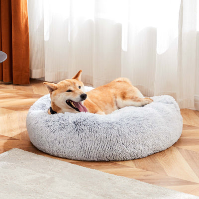 Calming 20” Donut Dog Bed for Small Dogs/Cats, Soft Warm Cozy Plush round Fluffy, Machine Washable, Gray